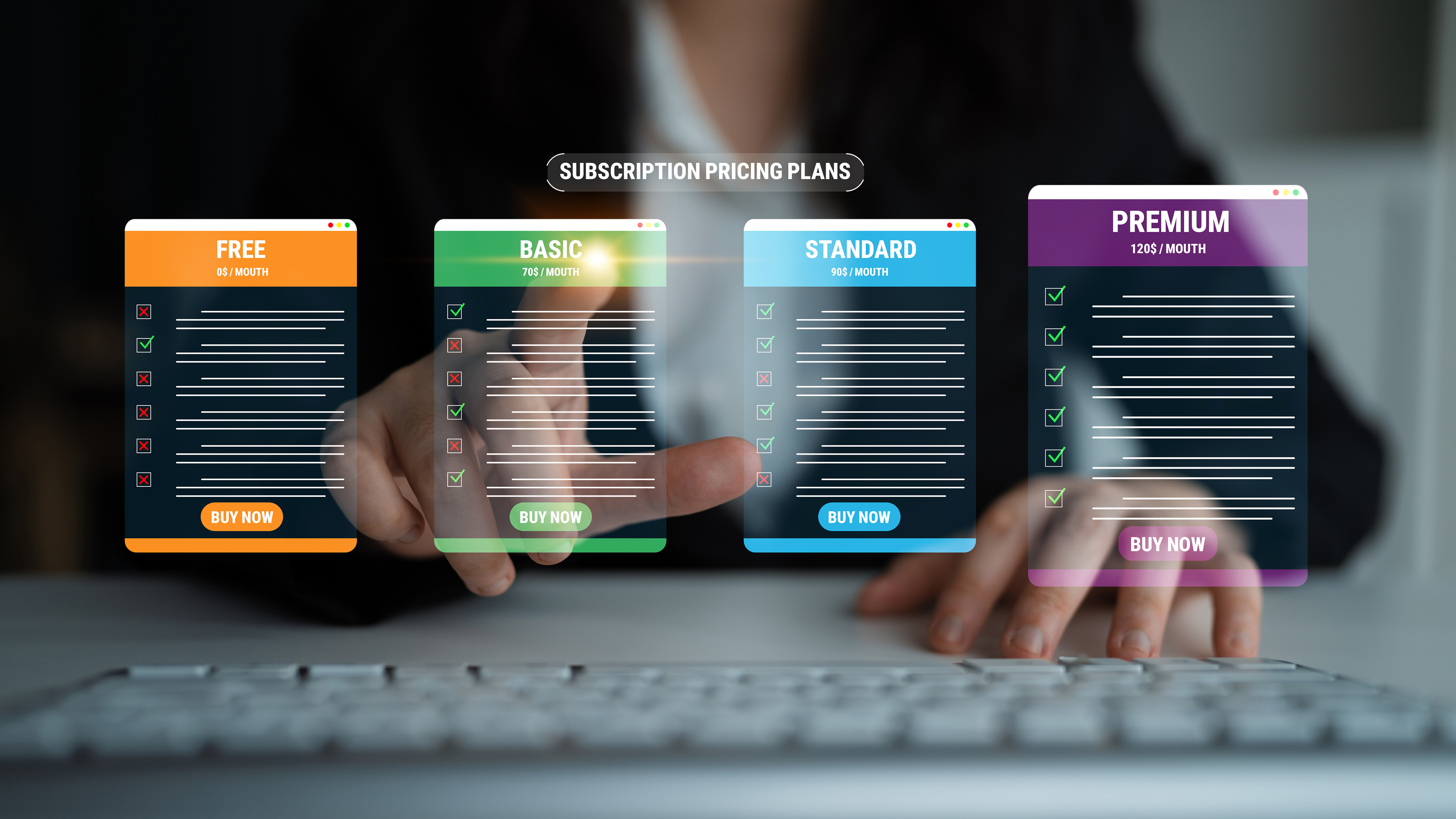 User interacts with transparent subscription pricing plans on digital screens, highlighting various options for service selection. Ideal for online business concepts.